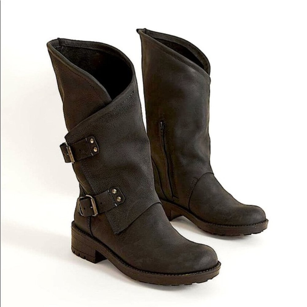 Anthropologie Coolway Alida Black Leather Wrap Moto Boots Sz 41 (US 10.5)